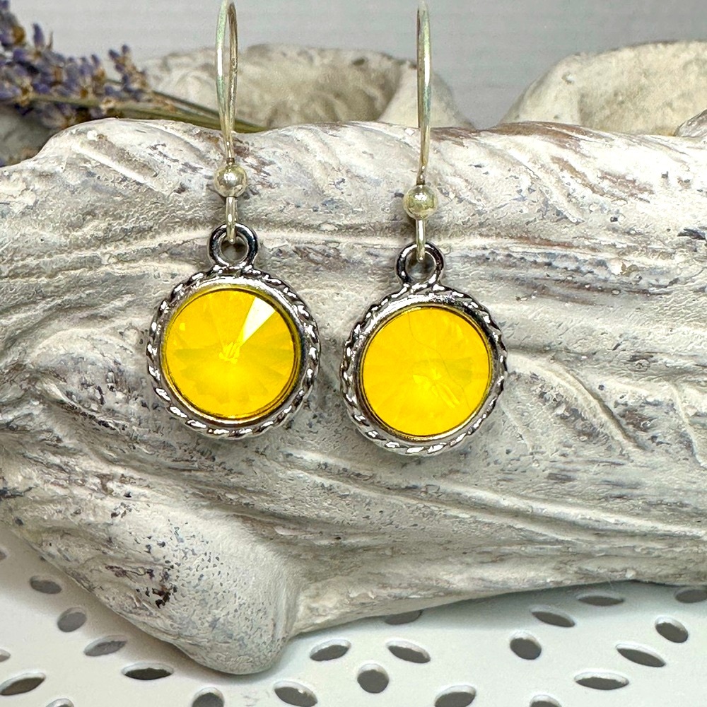 Yellow Swarovski Crystal Silver Dangle Earrings